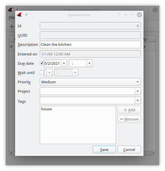 The task edit window